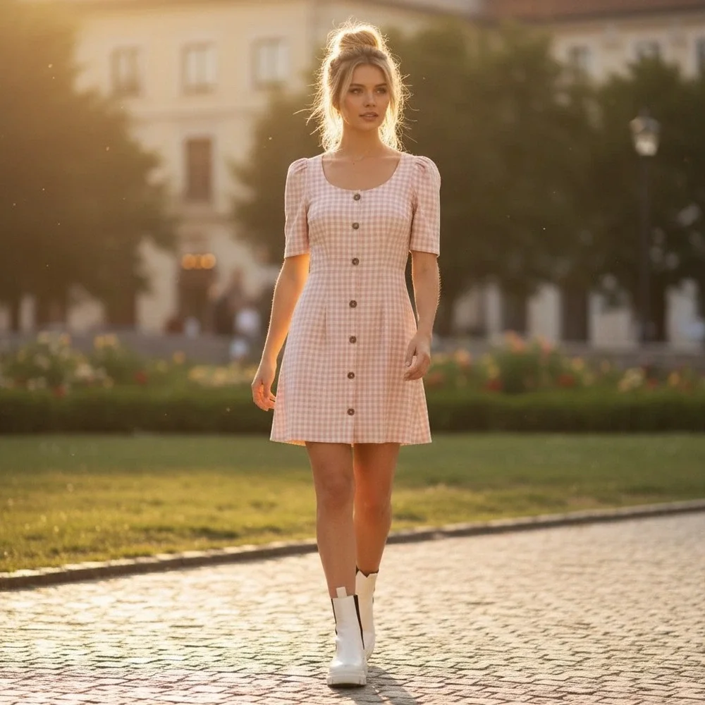 LPA Pink Gingham Mini‎ Dress Size XS Boho Indie Puff Sleeve Casual Cottagecore - Picture 2 of 10